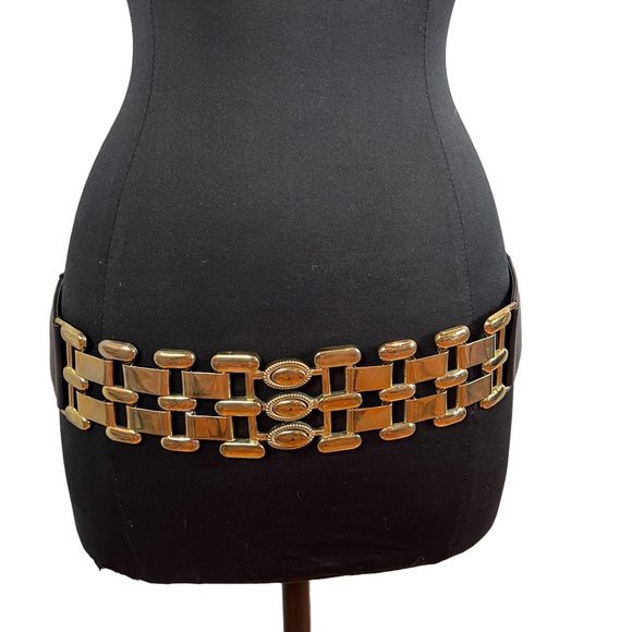 Vintage Accessories - Vintage 1990s Wide Stretchy Belt Gold Tone Hardware Black Metallic Gold